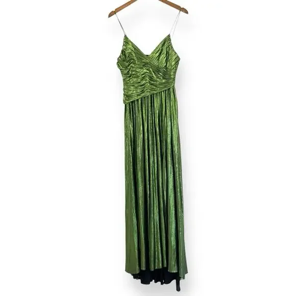 Retrofete Doss Maxi Dress Womens Small Gown Lime Green Lame V-Neck Ruched